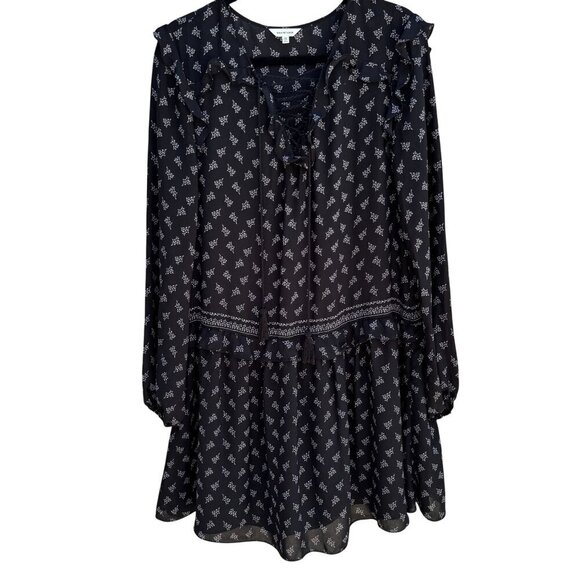 Max Studio Black Boho Long-Sleeve Lace-Up Floral Print Ruffle Trim Tassel Dress - Picture 1 of 14
